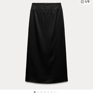 Zara Black Maxi Slip Skirt with Lace Waistband